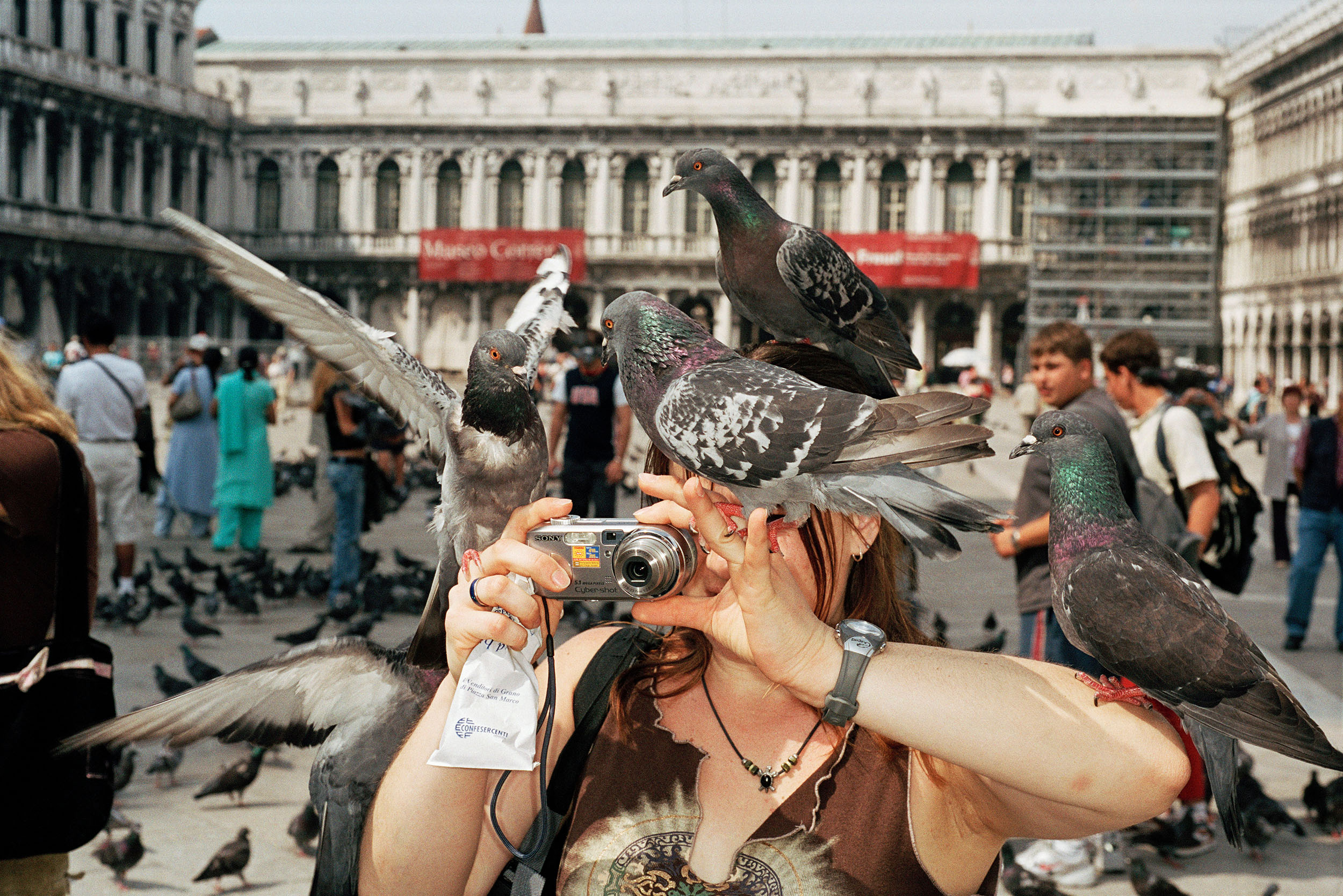 Martin Parr, Venice, Italy, 2005. A tourist takes a picture while pigeons surround her. 