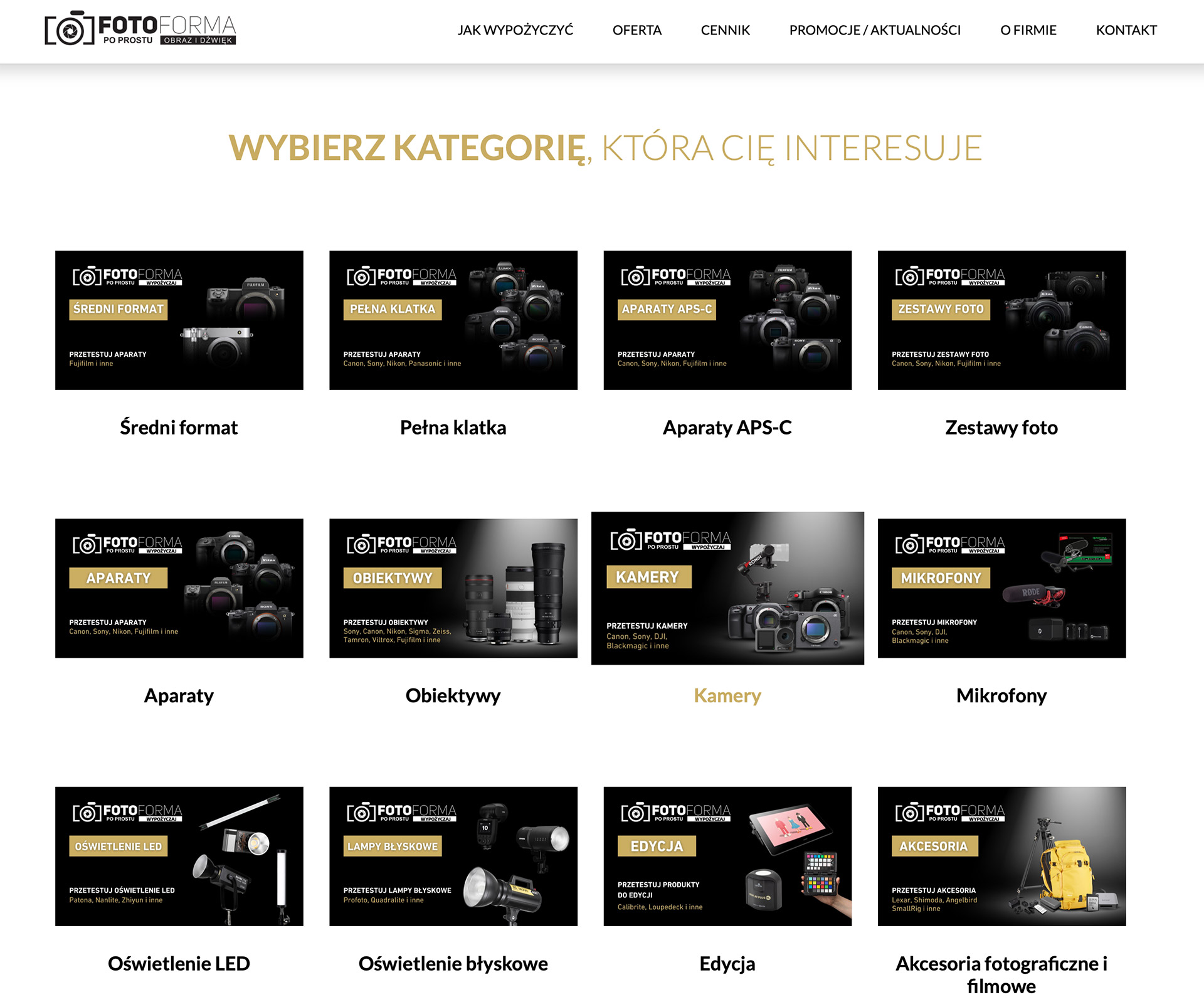Wypożyczalnia sprzętu foto i wideo Fotoforma Rent oferuje szeroką ofertę: od aparatów, kamer i obiektywów po lampy, mikrofony, rekordery czy inne akcesoria.