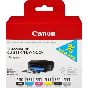 Wielopak obejmujący 6 kaset z atramentem Canon PGI-550/CLI-551 PGBK/C/M/Y/BK/GY