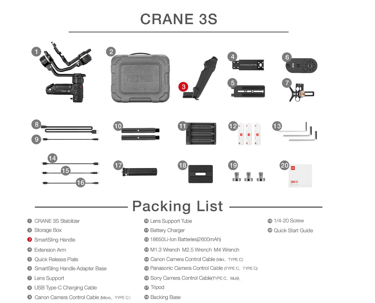 Zhiyun Crane 3S zawartość zestawu