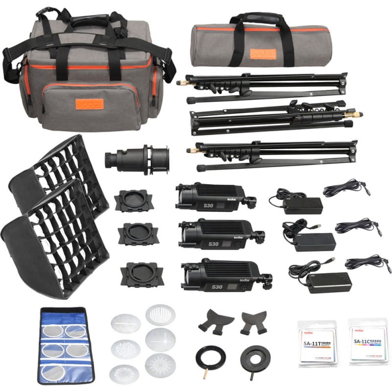Zestaw S30 kit: 3x lampa s30 LED 3x statyw 2x softbox i akcesoria Godox SA-D