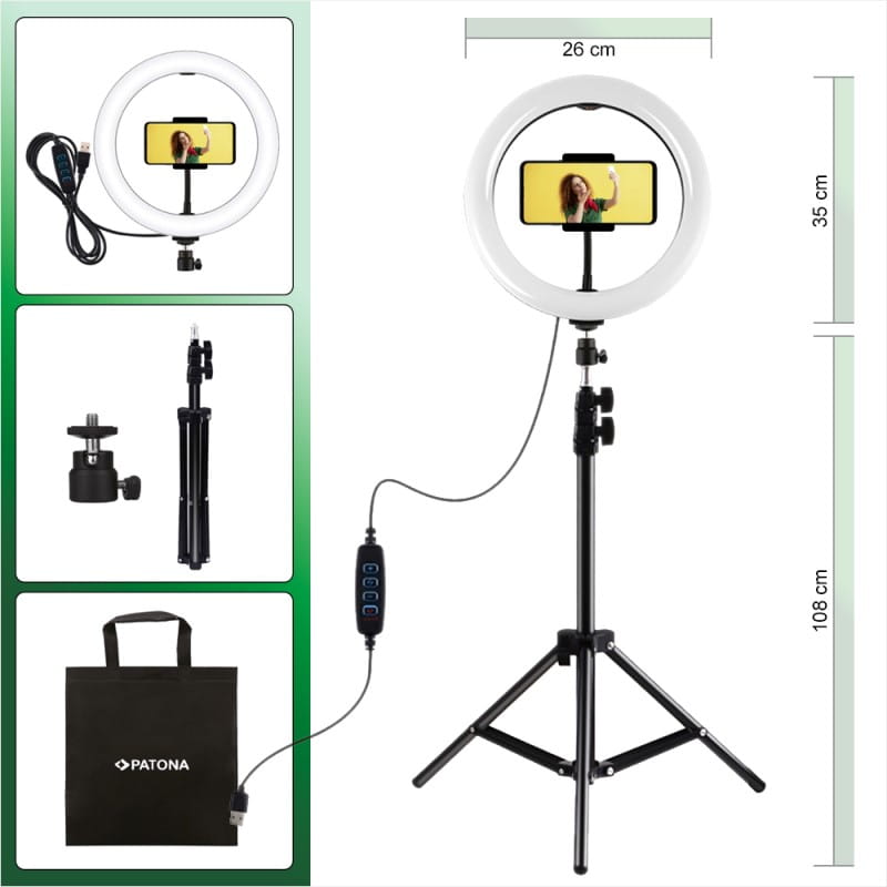 26-centymetrowa lampa wideo/pierścieniowa z pilotem i statywem PATONA Premium Vlogger Kit