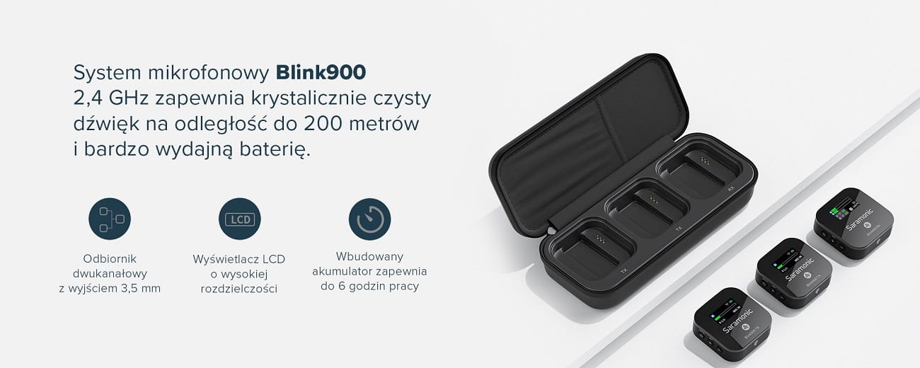 zestaw do bezprzewodowej transmisji dźwięku saramonic blink900 b2 (rx + tx + tx)
