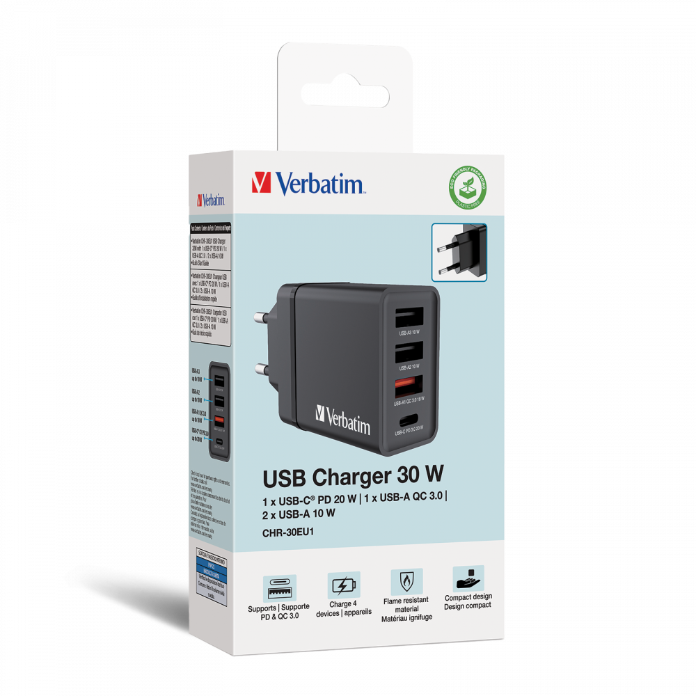 verbatim ładowarka sieciowa 30w 3xusb-a/ usb-c pd 3.0 chr-30eu2 czarny/black