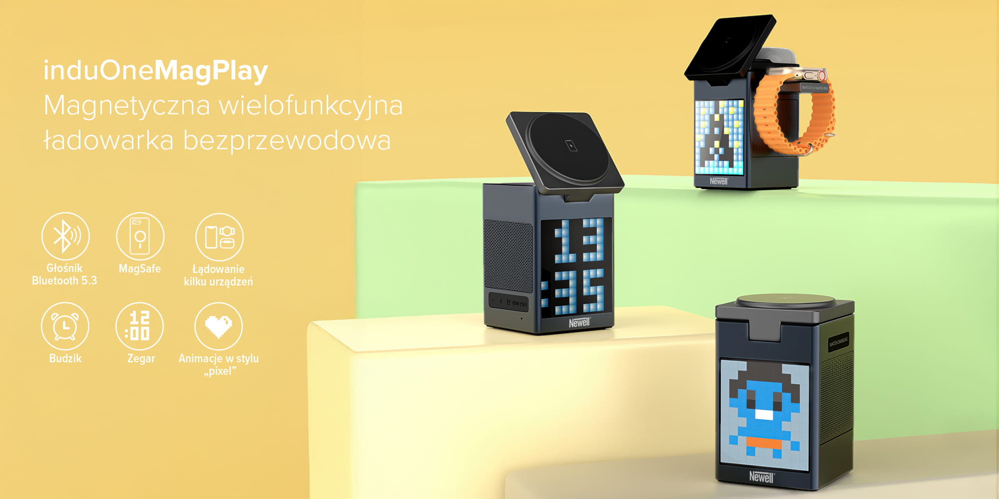 ładowarka magsafe z głośnikiem i wyświetlaczem newell induone magplay do 3 urządzeń mobilnych