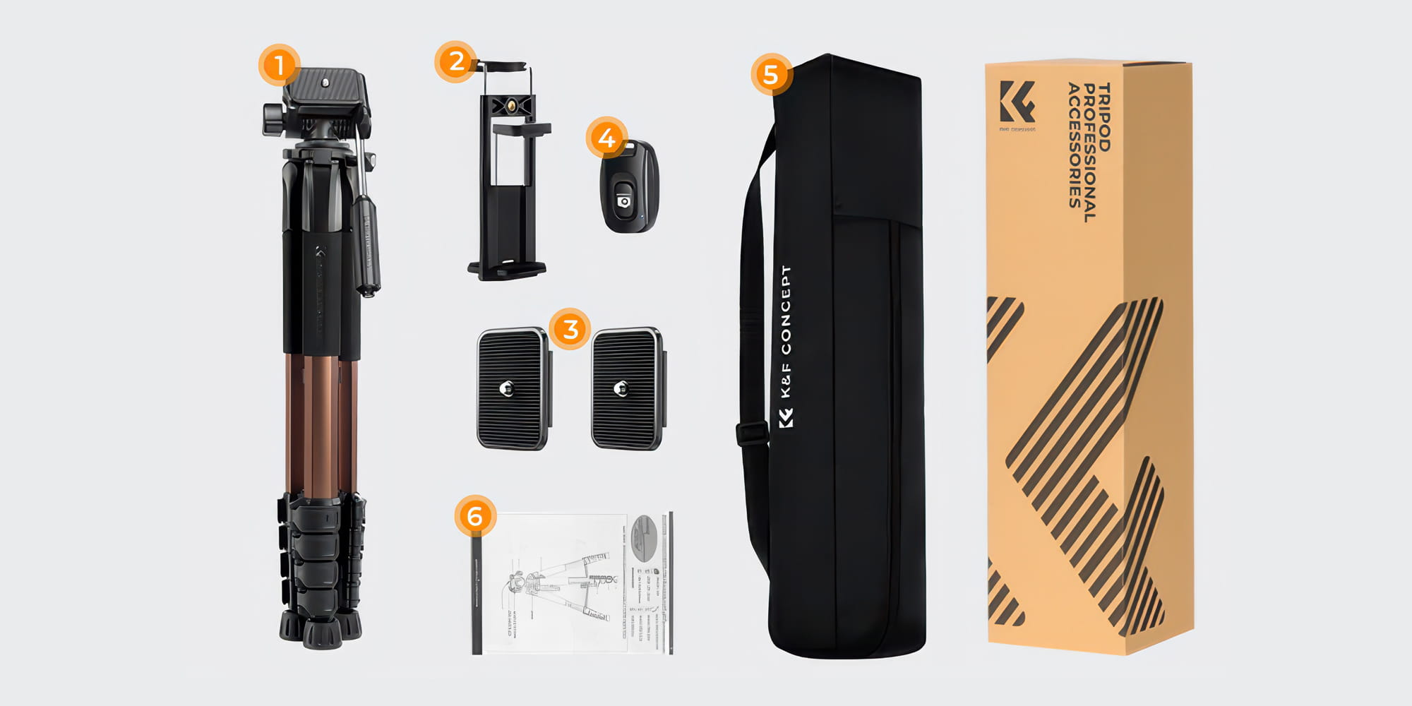 statyw video k&f concept s255a3 z głowicą bv01 i uchwytem na telefon - brązowy