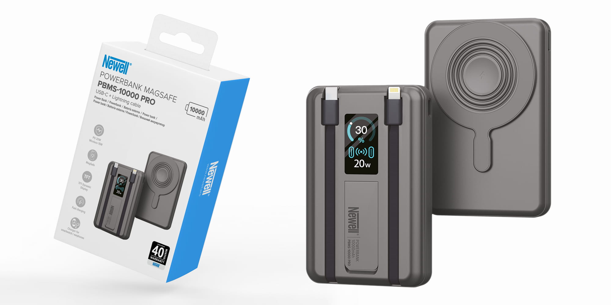 power bank newell ms-10000 pro magsafe 10000 mah lightning, usb-c - szary