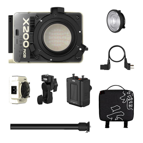 zhiyun molus x200 rgb - zestaw, lampa led, cob, 2500-10000k, 200w, zasilacz, uchwyt, odbłyśnik, hub, tyczka, torba