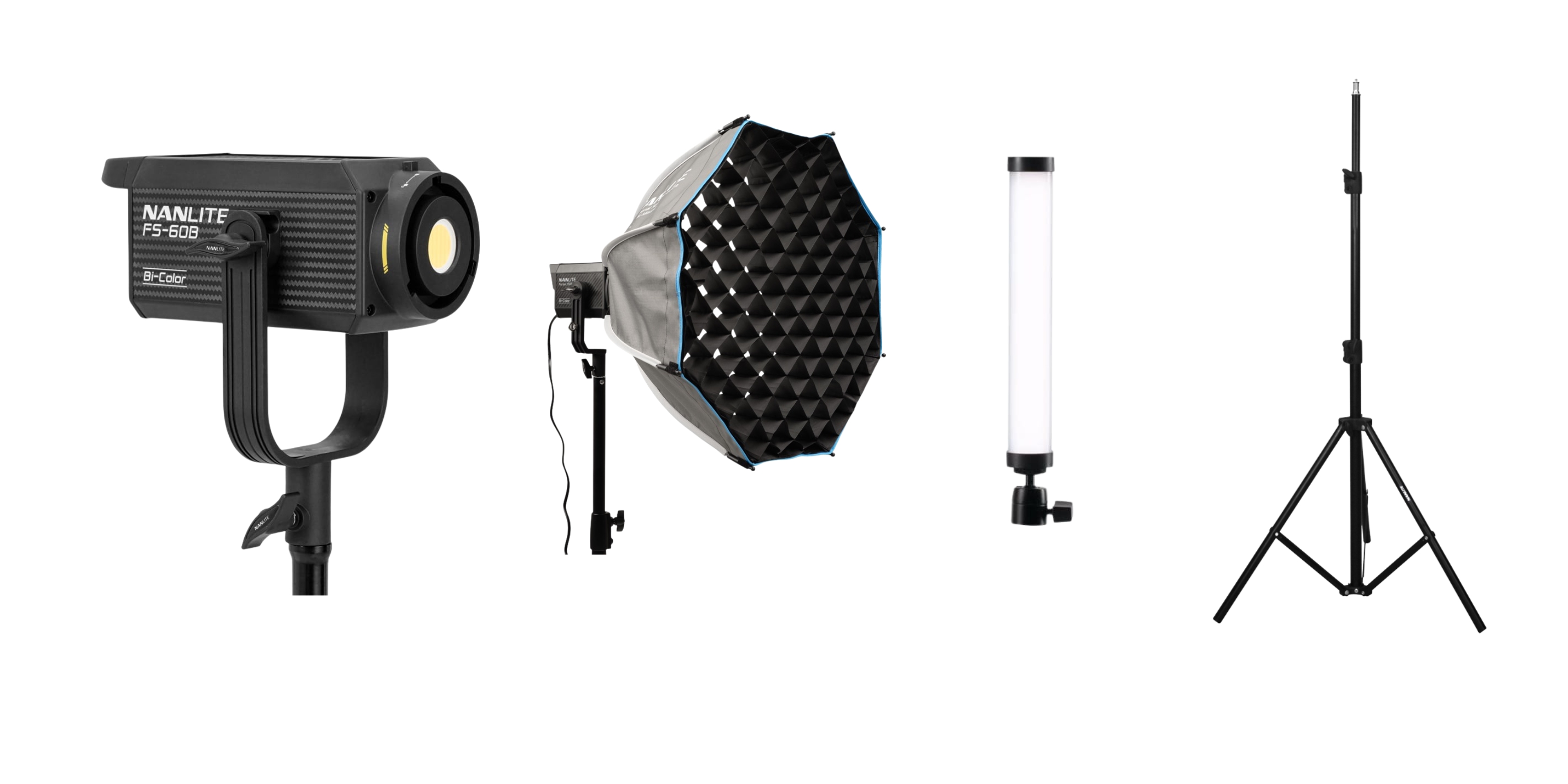 nanlite fs-60b led bi-color spot light + nanlite sb-fmm-o-60 softbox oktagonalny, 60 cm, mocowanie fm + lampa led nanlite pavotube ii 6c rgbww+ statyw nanlite ls-170 light stand