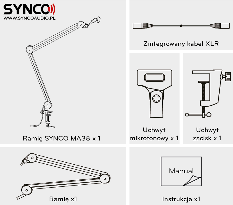 Ramię mikrofonowe Synco MA38 - zintegrowany kabel XLR